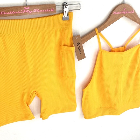 (AA4) Odiva Mustard Yellow Ribbed 2piece Tank top and Biker Short set,Sz XL, NWT - Picture 2 of 15